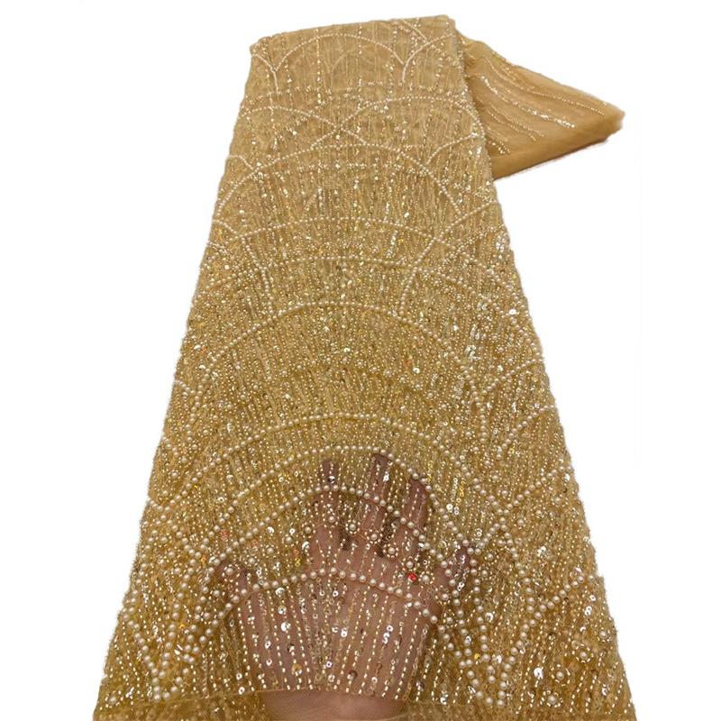 1 Yards African Luxury Beaded Tulle Lace Fabric Nigerian Handmade Heavy Sequin Lace Fabric For Diy Wedding Party Dresses