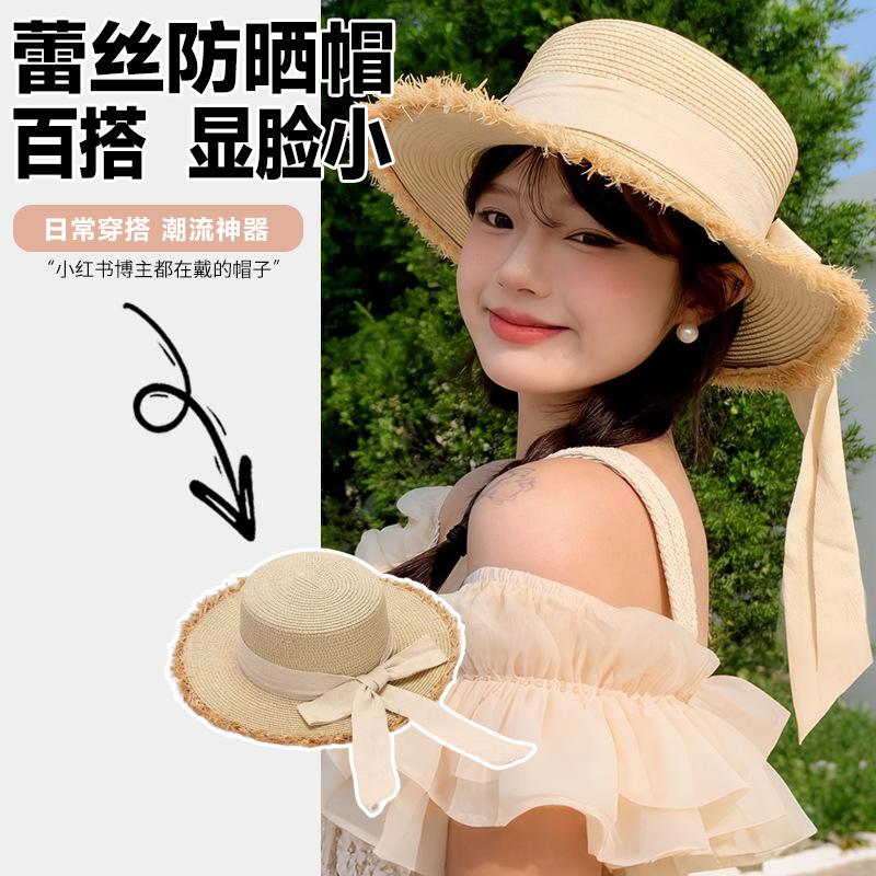 Summer bow raffia big brim straw hat women's new summer outdoor seaside beach sunshade sun hat