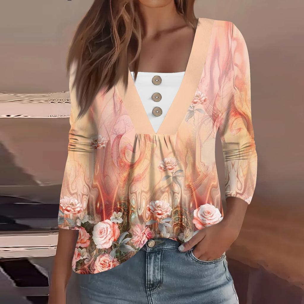 Dámská móda ležérní košile s dlouhým rukávem s květinovým potiskem, knoflíky do V s výstřihem