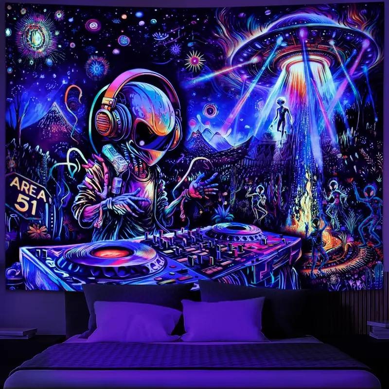 VIKAMA Trippy Alien DJ Tapestry UV Reactive Polyester Psychedelic Wall Hanging Aesthetic Dorm Decor for Bedroom