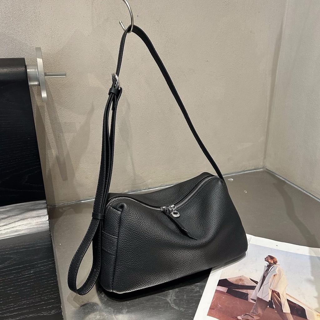 French Minimalist Lychee Grain Cowhide Crossbody Bag - Large Capacity with Adjustable Wide Shoulder Strap for Women