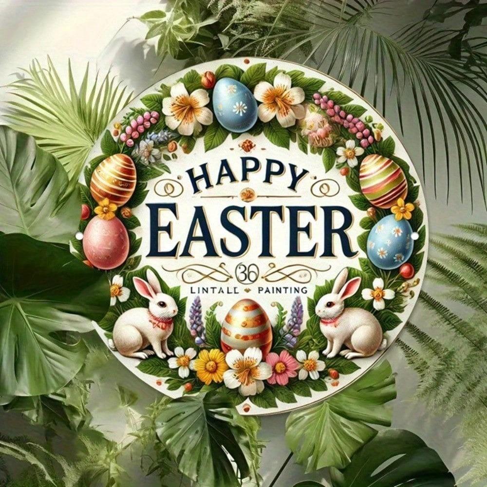 Vintage Easter Metal Wall Art Round Spring Home Decor Hanging Ornament Rustic Farmhouse Seasonal Display