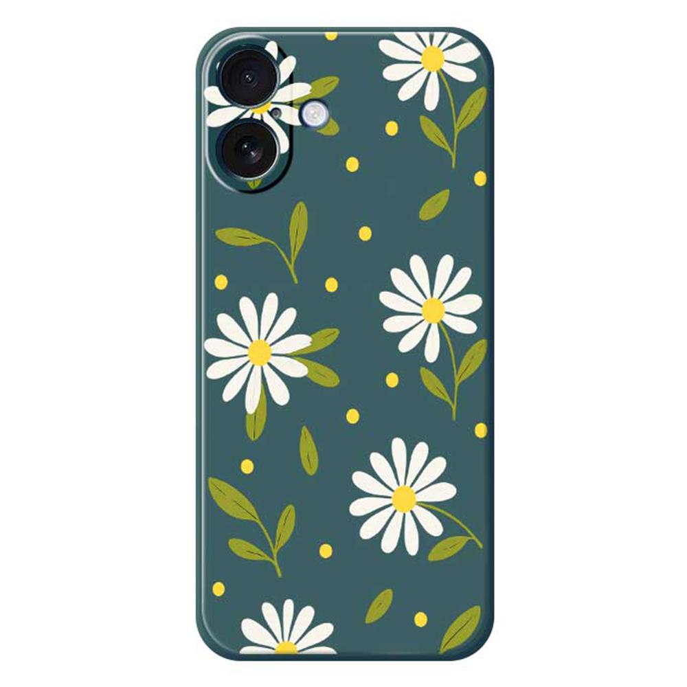 For iPhone 17 Case White Flowers Green Leaves Pattern Printing Straight Edge TPU Phone Back Cover