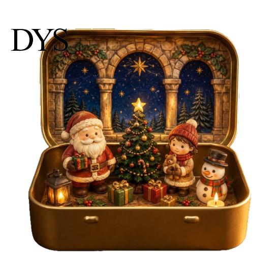 Miniature Holiday Scene Tiny Christmas Wonderland in a Tin, Mini Diorama Decor, Winter Home Accents with Santa, Tree, Gifts & Snowman, Table