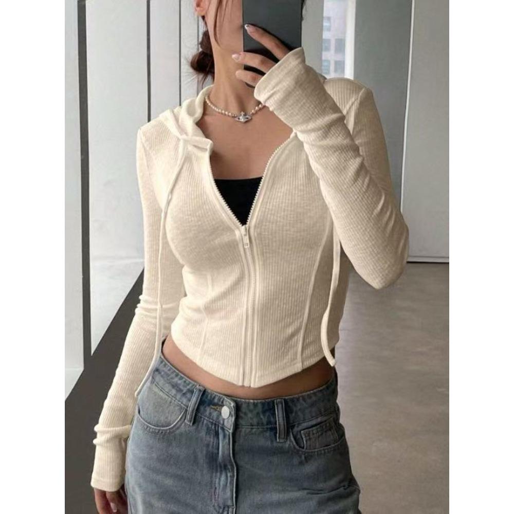 Módní dámská žebrovaná mikina s kapucí, Cropped top na zip s dlouhým rukávem, Univerzální ležérní top pro letní a jarní denní outfity