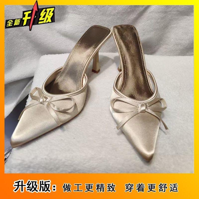 

2025 summer women s wear new fashionable and versatile comfortable pointed bow high-heeled bag head light mouth half slippers women 40
