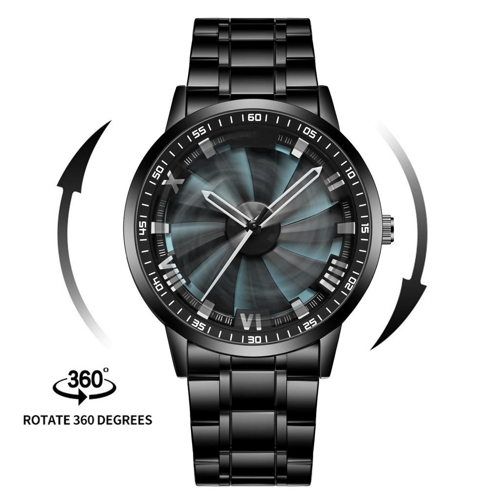Men Quartz Watch Stainless Steel Rotating Wheel Clock Movement Casual Sports Wristwatch