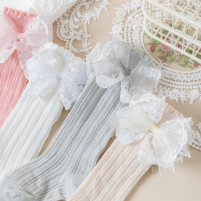 Cute Lace Bow Baby Girl Stockings Spring Summer Mesh Breathable Calf Socks Korean Kids Cotton Thin Middle Tube Socks