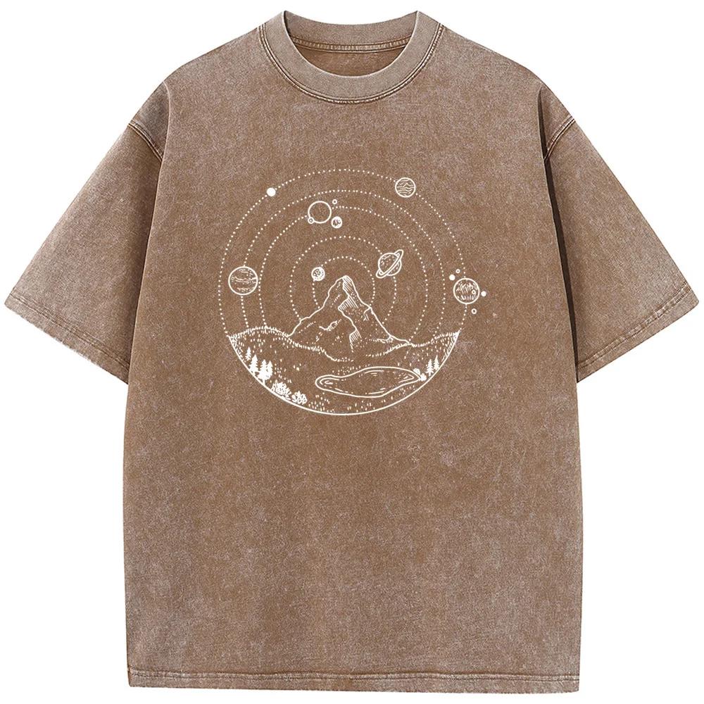 Mountain Print Unisex Washed T-Shirt Novelty Summer Bleached Tshirt Funny Casual Loose Bleach Tops Tee