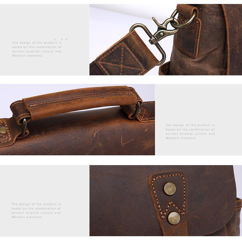 Vintage Crazy Horse Leather Men's Bag - Waxed Canvas Handbag, DSLR Camera Crossbody Bag, Men's Shoulder Messenger Bag 5313#