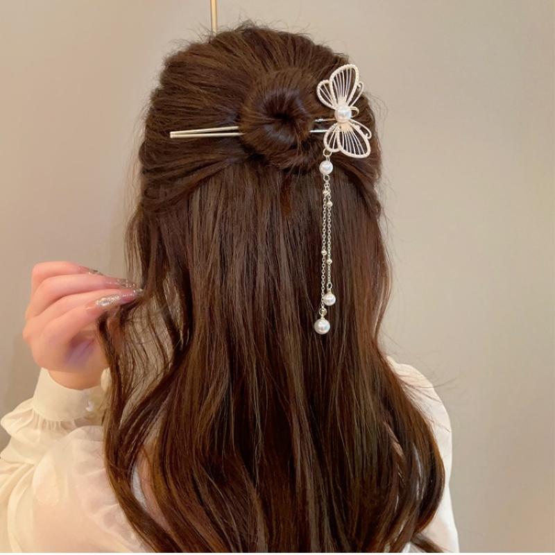Classic Chinese Butterfly Pearl Tassel Hair Stick for Women Handmade Metal Hairpins Charm Jewelry Accessories Styling Tools