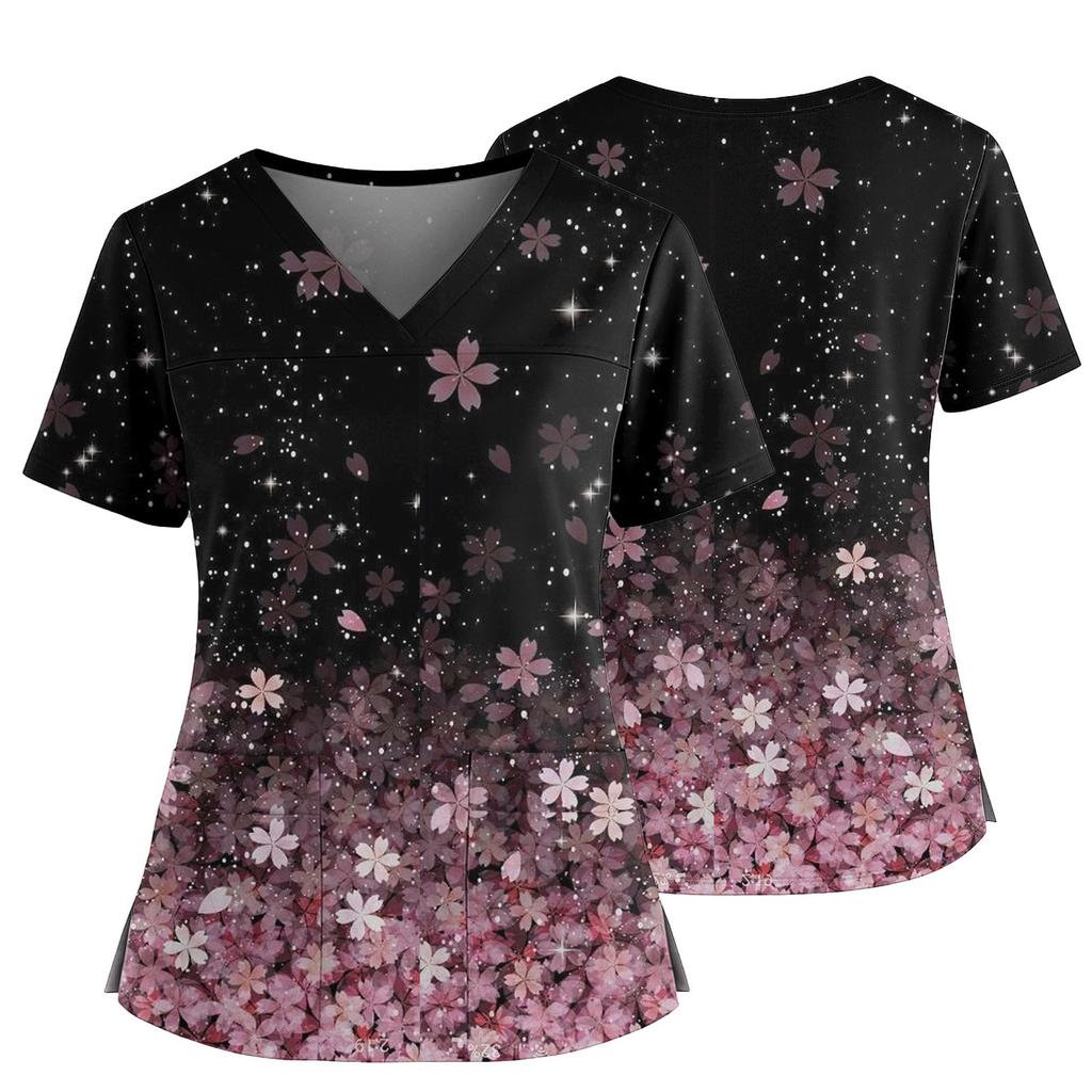 Women's Casual Printed V-Neck Pocket Side Slit Short Sleeved Top Short Sleeved Top