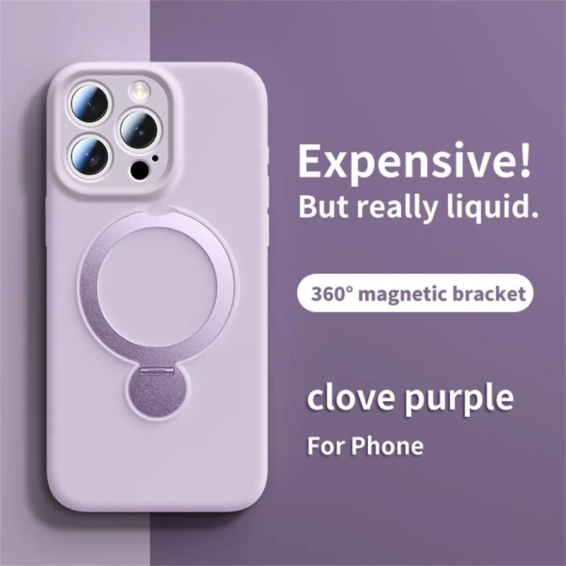 Magnetic Bracket Phone Case For iPhone Air 17 16 15 14 13 Pro Max for Magsafe Liquid Silicone 360°Rotate Metal Ring Stand Cover