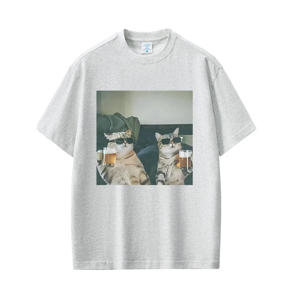 Cool Kočka Pijící Pivo Vtipné Emodži Tričko Pánské Ležérní Bavlněné Retro Tričko s Krátkým Rukávem Pánská Móda Tričko s Kulatým Výstřihem Topy