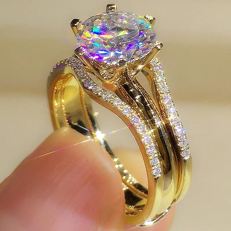 Huitan Unique Rose Gold Color Rings for Women Classic 6 Claws Designed Cubic Zirconia Rings Wedding Engagement Bands Jewelry
