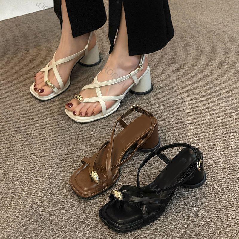 Fashion Women's Sandals Chunky High Heel Clip Toe Women Summer Shoes New Fashion Cross Strap Solid Buckle Heeled Sandales for Women