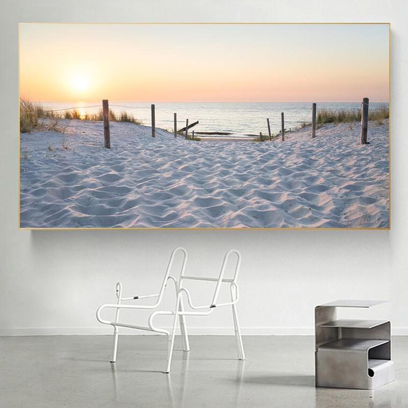 Modern Blue Sun Beach Grass Ocean Seascape Canvas Painting Landscape Posters and Prints Home Decor for Living Room Decoration