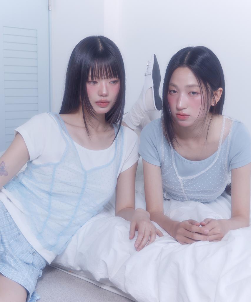 LMR Two-Way Lace Shirred Layered Short Sleeve T-Shirt Sky Blue / White