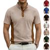 Men's Casual Corduroy Stand Collar Color-Blocked Lightweight Breathable Short-Sleeve Top