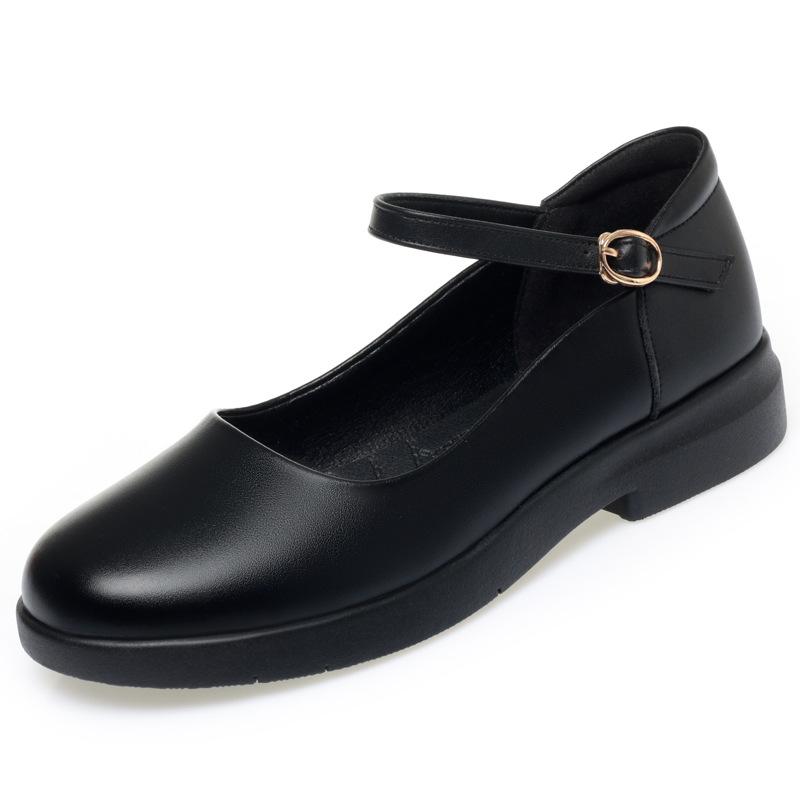Soft-soled work shoes women's black single shoes one-word buckle strap flat-soled round head work women's leather shoes women's shoes