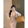 Elegant Pink Floral Spaghetti Strap Summer Dress - Waist-Hugging, Hip-Hugging Long French Style for Women