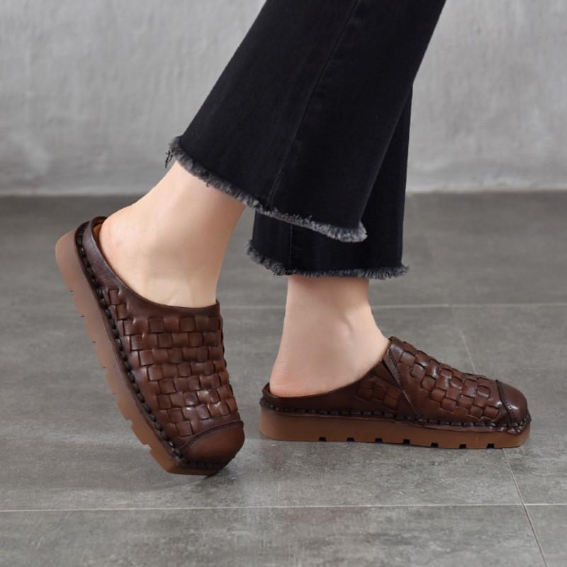 Johnature Genuine Leather Retro Weaving Square Toe Women's Slippers Versatile Outerdoor Flat Slip-on Shoes