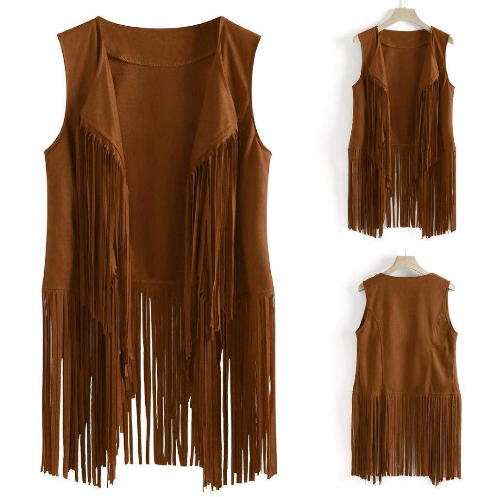 Women Fashion Autumn Winter Suede Ethnic Sleeveless Tassels Fringed Vest Cardigan