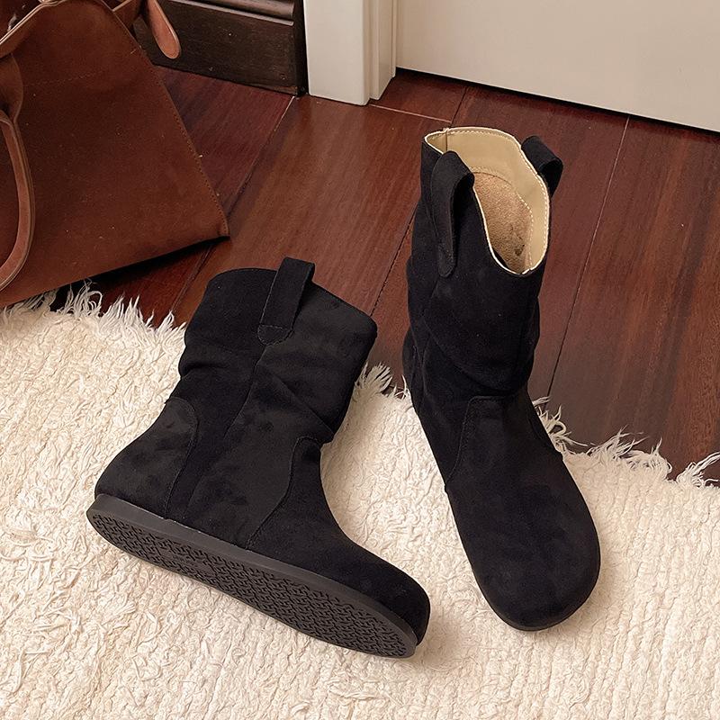 

Ретро плиссированные ботильоны Мартина на плоской подошве, женские, осенние, новые, простые и тонкие, ретро ботфорты 42 чёрный