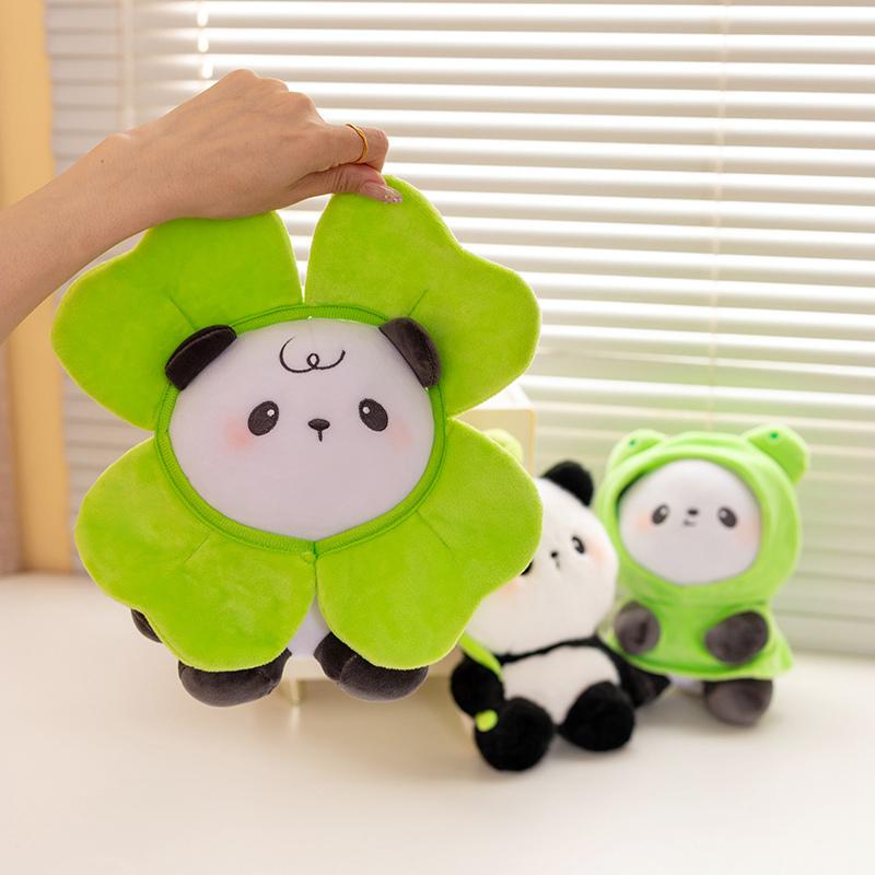 23CM Panda with Frog Lotus Leaf Clover Plush Pillow Doll Toy Cute Stuffed Animal Soft Hugging Kid Birthday Christmas Gift