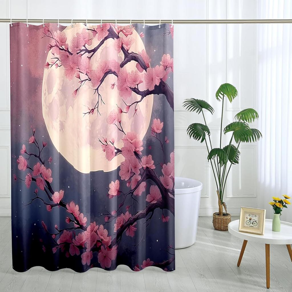Japanese Cherry Blossom Shower Curtain Set, Asian Anime Shower Curtains for Bathroom Cool Watercolor Abstract Art