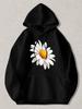 Black Pullover Hoodie with Realistic White Daisy Flower Print Casual Long Sleeve Sweatshirt with Kangaroo Pocket and Drawstring Ho