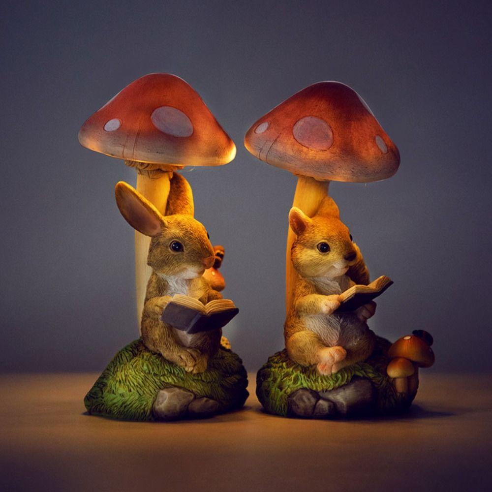 Resin Solar Mushroom Lamp Cute Animal Statue Light Desktop Decoration Rabbit Lawn Lamp Flowerpot