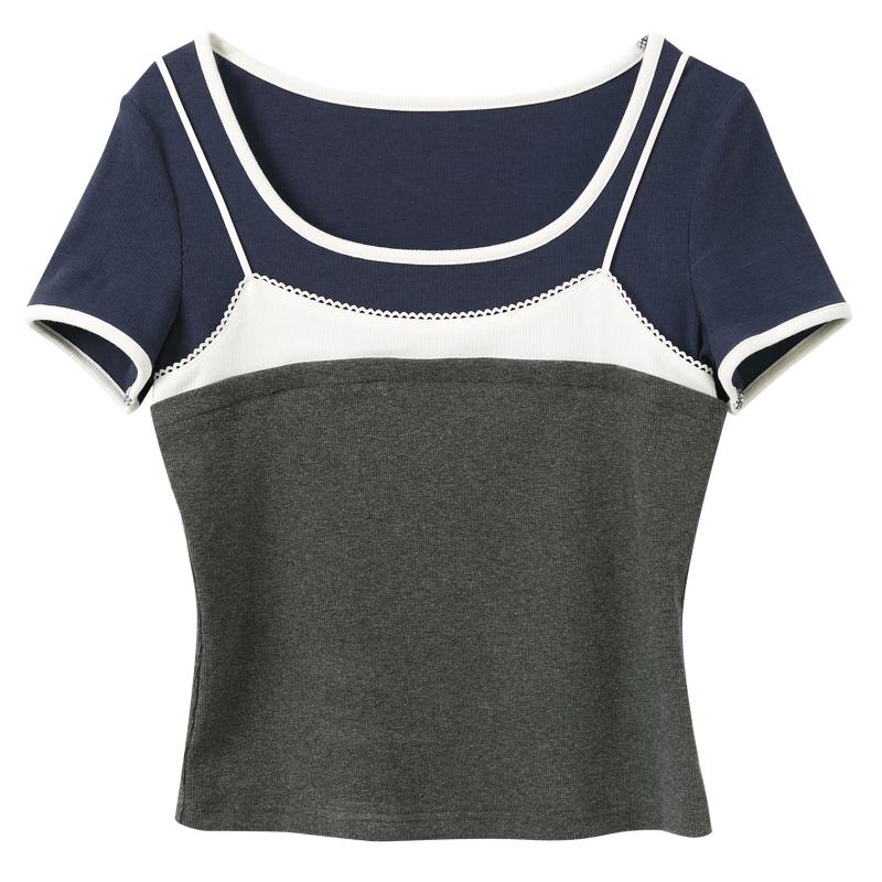 Sancai 2026 Summer Lace Patchwork U-Neck Short T-Shirt XL