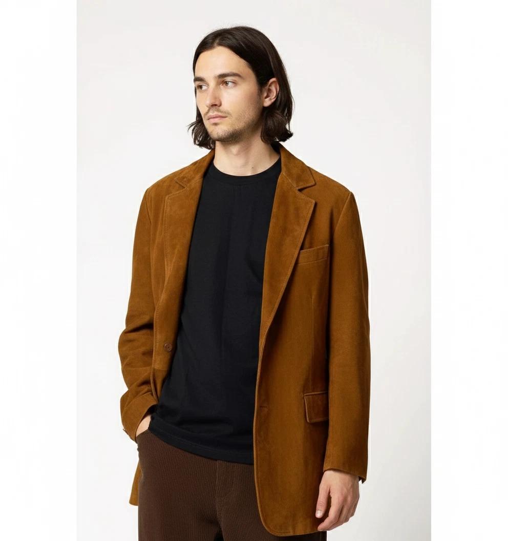 

Stylish Men s Tan Suede Formal Office Handmade Genuine Real Lambskin Leather Blazer 3XL дубильна кора