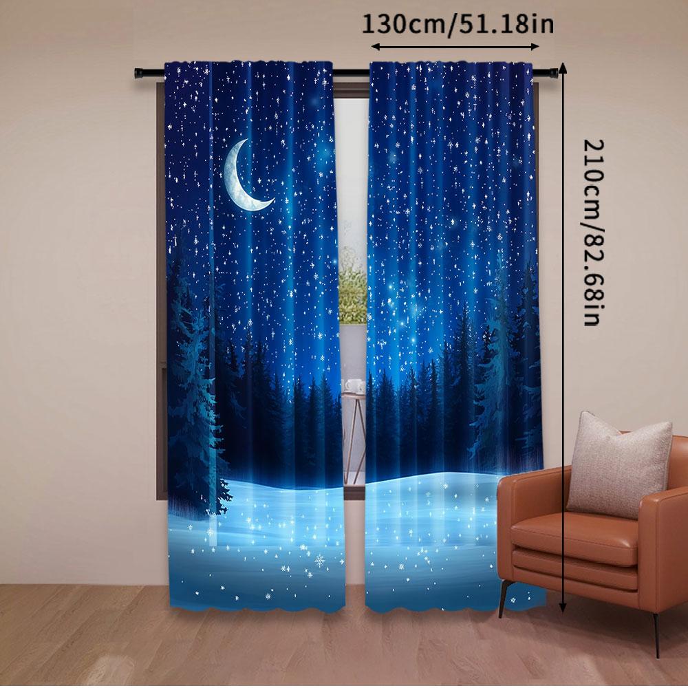 2Pcs Moon Curtain Winter Season Wonderland Starry Sky Night Forest Landscape Scenery For Bedroom Living Room And Dining Room B