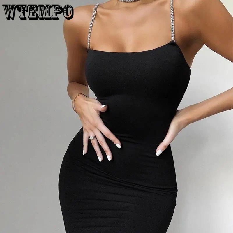 WTEMPO Satin Dress Black Suspender Dress Blingbling Brick Glitter Tight Mini Dress Bag Hip Club Dress New Year Party Dress