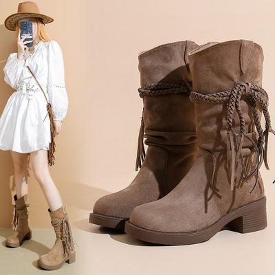 Thick Heel Retro Wasteland Fringed Knight Boots Women But Knee Long Tube Thin Pile Medium Tube Boots Tall Boots
