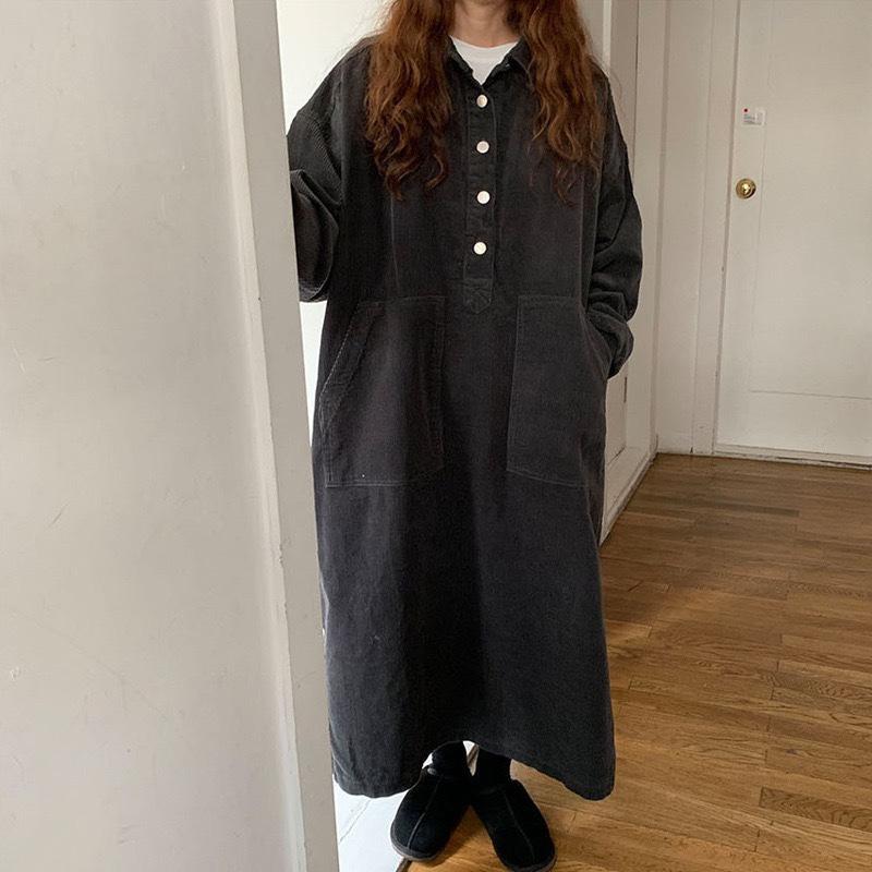 LYRIA Long Dress Women Dresses Turn Down Collar Corduroy A Line Vestidos Maxi Mom Jeans Streetwear Casual Loose Y2k Dress