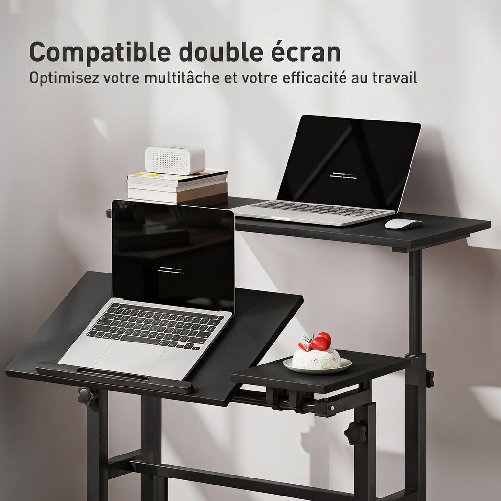 Sit-Stand Desk, Height-Adjustable, 70 x 60 cm, on Casters, Tilting Top, Black Metal Frame