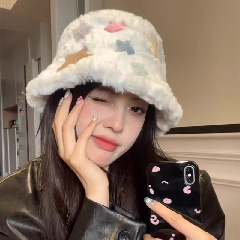 Cute star plush bucket hat women's autumn and winter new thickened plush cute versatile ear protectors keep warm and show a small face