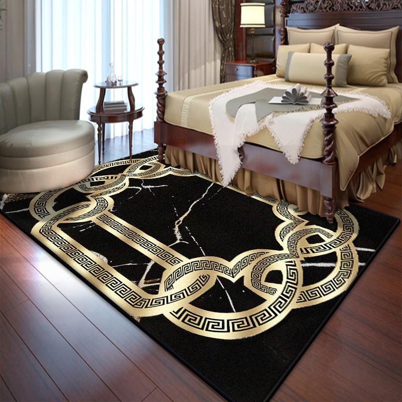 Black Golden Bedroom Bedside Rug Luxury Large Area Living Room Decoration Carpets Foldable Non-slip Soft Floor Mat Gaming Room