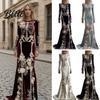 Vestito Floreale da Donna con Stampa Scheletro Maxi Dress Gotico Manica Lunga con Decorazioni Floreali 3D in Velluto per Festa in Costume di Halloween