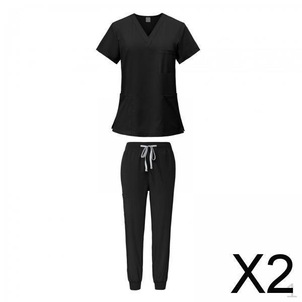 2x Women Uniform Scrubs Set Top And Pants V Neck Comfortable with Pockets Work Clothing Nurse