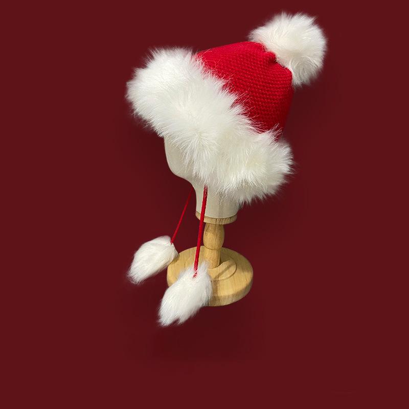 Damen Rote Bommel Strick Lei Feng Mütze - Warmer Samt, Modische Ohrenschutz Skimütze für Weihnachten & Neujahr.