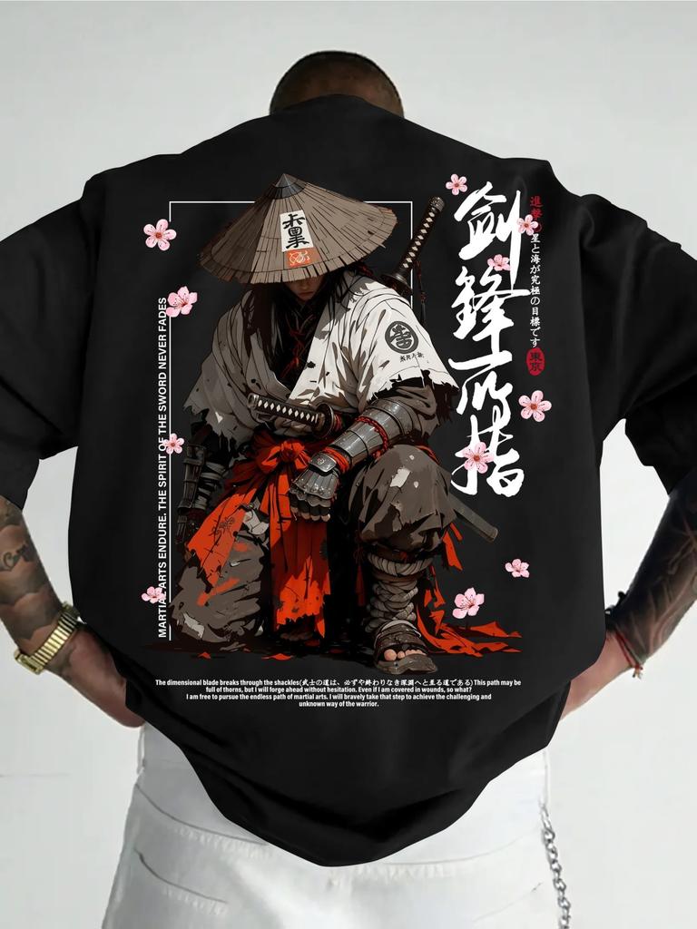 Unisexs Summer Casual Sports Tshirt Japanese Ink Warrior Pattern Printed Short Sleeve Fashion Top
