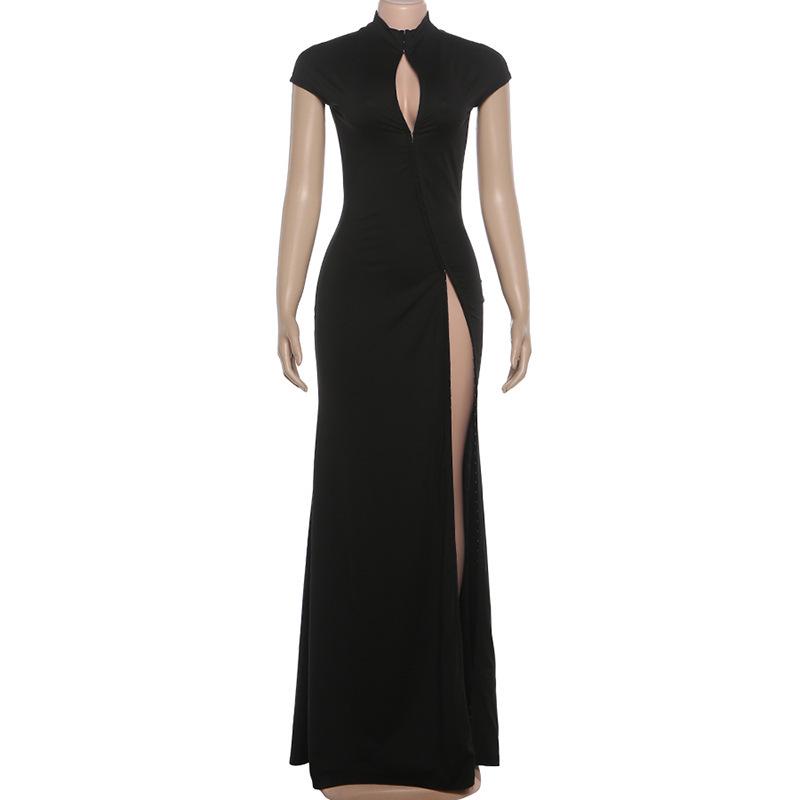 New Autumn/Winter Women's Fashion High Slit Stand Collar Hollow Out Slim Fit Dress