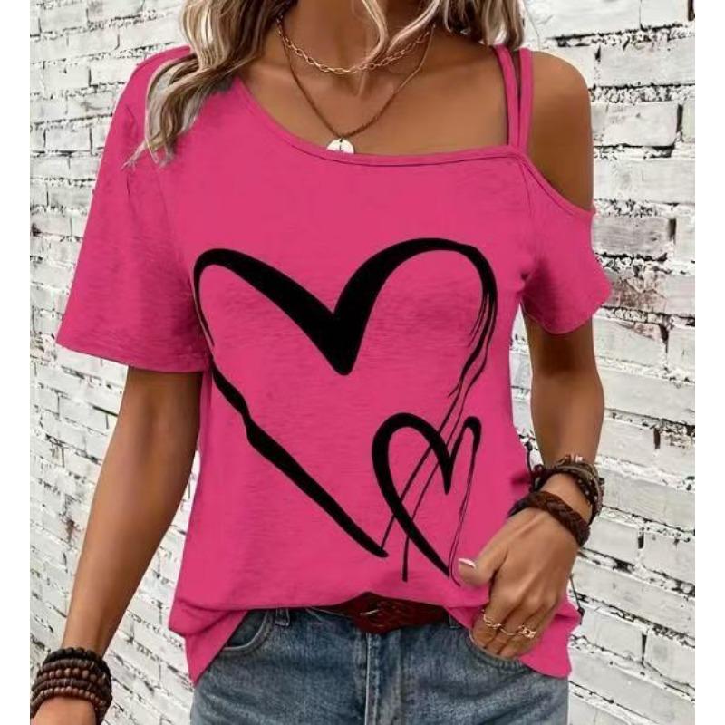 

Большой повседневный асимметричный воротник с принтом подтяжек в форме сердца и эластичными короткими рукавами женские футболки XXXL темно-розовый