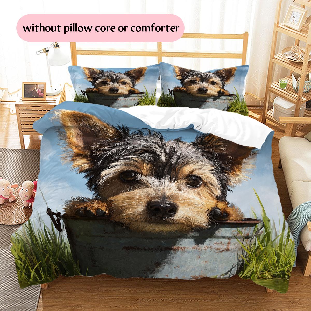 Yorkshire Terrier on Grass Pattern Bedding Home Decoration Birthday Gift (1 * duvet cover + 2 * pillowcase, without core) 135x200cm