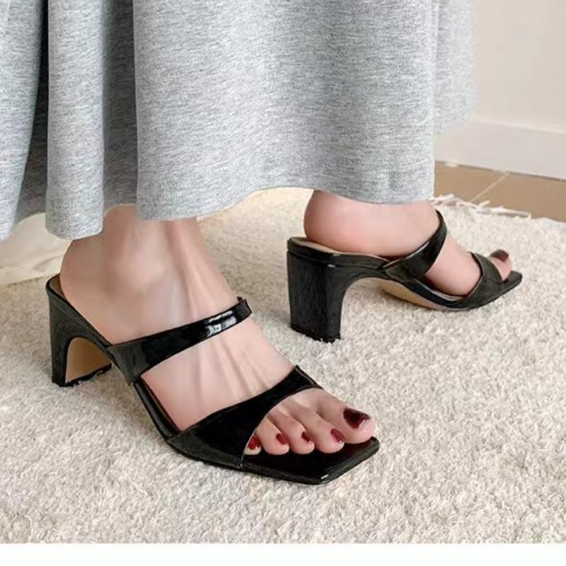 2024 Summer New Women's Slippers Square Toe Elegant Narrow Strap Solid Color Casual Sandals Women's Dress Shoes Large Size 43