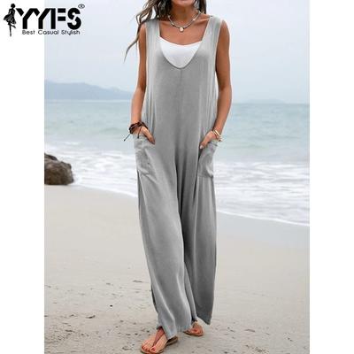 Pantaloni e tute a vita alta con scollo a V, senza maniche, stampati, estivi e primaverili, casual e tinta unita da donna